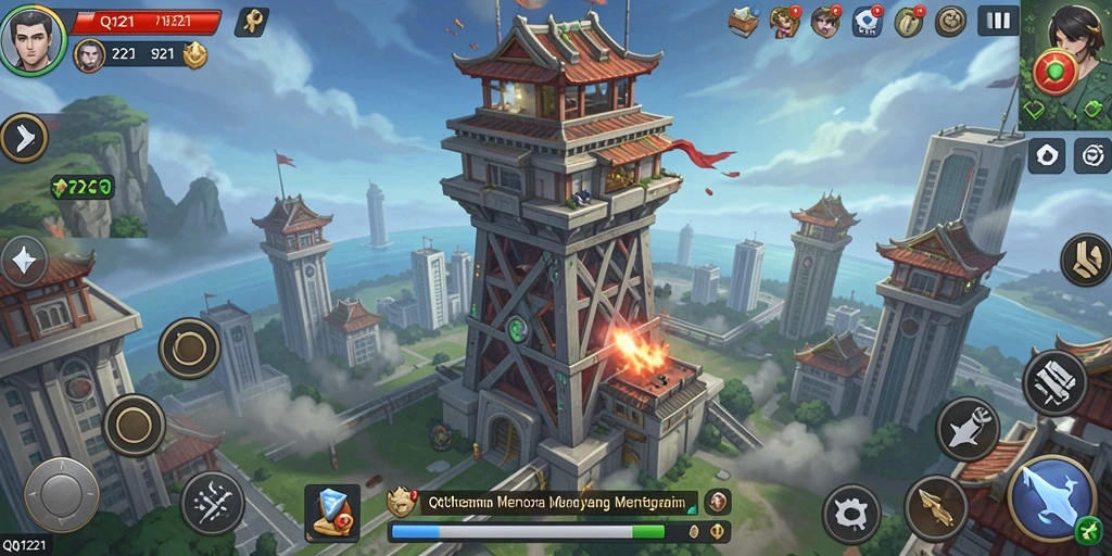 Tampilan gameplay QQ1221 dengan menara dan musuh dalam aksi.